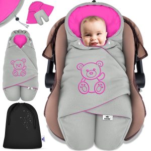 KIDIZ® Baby Slaapzak voor Buggy Voetenzak voor Autostoeltje & Wandelwagen Babyschaal, voor Winter met Kap + Babyslaapzak Deken voor Maxi-Cosi & Kinderwagen alle Gordelsystemen 3 & 5-Puntsgordel – Grijs / Roze