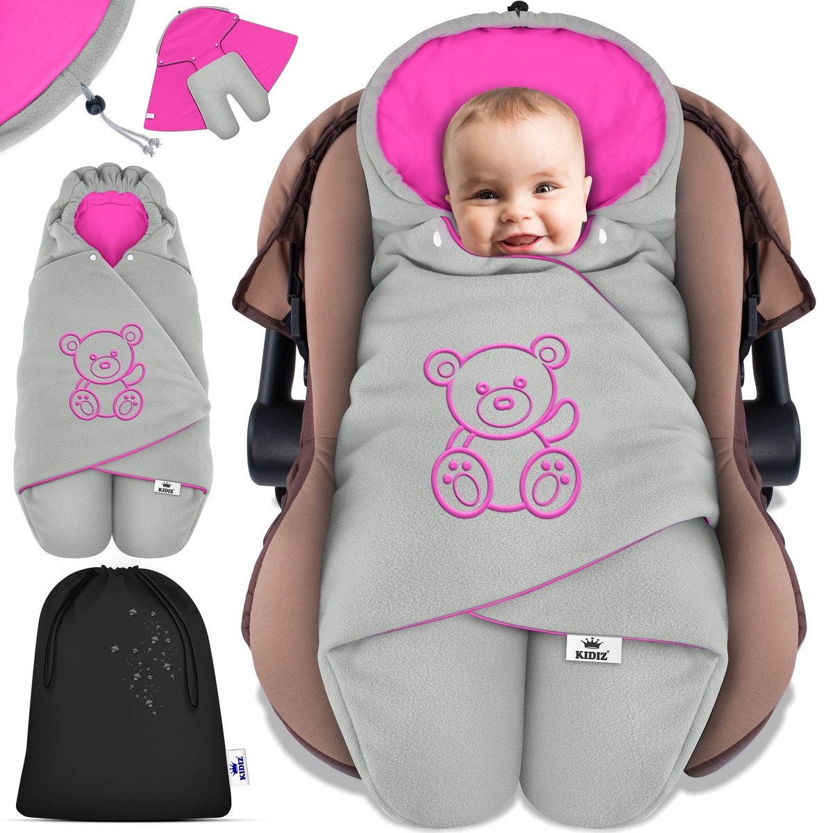 KIDIZ® Baby Slaapzak voor Buggy Voetenzak voor Autostoeltje & Wandelwagen Babyschaal, voor Winter met Kap + Babyslaapzak Deken voor Maxi-Cosi & Kinderwagen alle Gordelsystemen 3 & 5-Puntsgordel – Grijs / Roze
