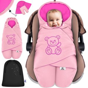 KIDIZ® Baby Slaapzak voor Buggy Voetenzak voor Autostoeltje & Wandelwagen Babyschaal, voor Winter met Kap + Babyslaapzak Deken voor Maxi-Cosi & Kinderwagen alle Gordelsystemen 3 & 5-Puntsgordel – Roze / Roze
