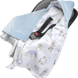 Wikkeldeken 100% katoen, 85 x 85 cm, knuffeldeken voor kinderwagen, universele babydeken, dubbelzijdig, babydeken, buggy, autostoeltje, hert en egel met lichtblauw minky